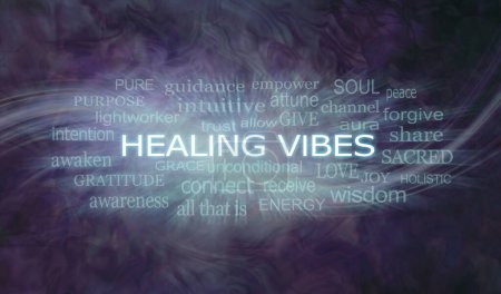 Photo for Dark Purple Healing Vibes Flowing Energy Word Wall Art - words associated with Healing Vibes appearing to flow outwards against a dark wispy background ideal for holistic therapy room - Royalty Free Image