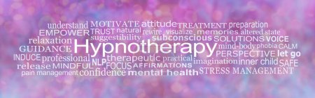 Téléchargez les photos : Mots associés à Hypnothérapie Word Cloud - fond rose bokeh violet avec un nuage de mots positifs et négatifs associés à HYPNOTHÉRAPIE - en image libre de droit