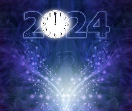 Happy New Year 2024 Celebration template - a clock face showing midnight making the 0 of 2024 against a deep blue background with an upward flow of glittering sparkles and copy space