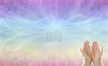 Photo for Channeling high resonance healing energy - open palm hands  against a multicoloured energy field flowing background and copy  space for award, diploma, invite, course content - Royalty Free Image
