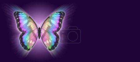 Photo for Butterfly Metaphor for departing soul Funeral Wake template banner - butterfly set against a wide purple background with copy space for message, order of service content, invitation or business card - Royalty Free Image