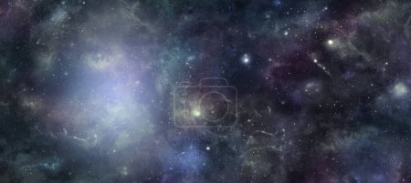 Foto de Dark Deep Space con fondo de banner del sitio web de niebla de plasma - Amplio panel del espacio exterior con estrellas, planetas y un área de niebla de luz de plasma ideal para fondo cósmico, astrología, astronomía, tema de horóscopo - Imagen libre de derechos