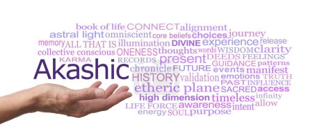 Photo for Words associated with the Akashic Records Word Cloud - female open palm hand with the word AKASHIC above surrounded by a relevant tag cloud against a white  background - Royalty Free Image