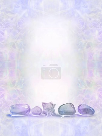 Photo for Crystal Healing award diploma certificate accreditation background - template with 5 lilac blue coloured healing crystal stones at bottom and pale wispy bacgkround with white centre - Royalty Free Image
