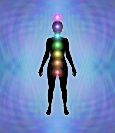 Photo for Female Silhouette with Seven Major Chakras on blue matrix background - a neat stack of seven rainbow coloured chakra vortexes in the middle of a female silhouette on a radiating matrix wave background with copy space - Royalty Free Image