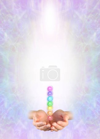 Photo for Female cupped hands with Seven Spinning Chakras Diploma Certificate Memo Template - stack of seven vortexing chakras hovering above cupped hands on an energy formation background with copy space - Royalty Free Image
