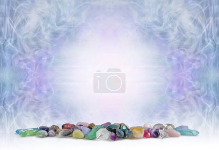 Photo for Crystal Healing Holistic diploma certificate accreditation award background - landscape orientation template with row of assorted different healing crystal gem stones at bottom and cool blue lilac wispy pattern with white centre - Royalty Free Image