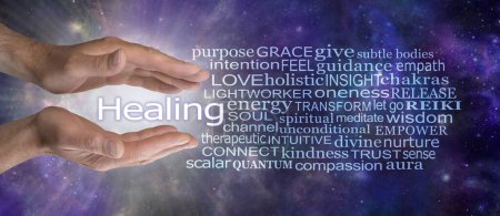 Words associated with being a Healing practitioner - male parallel hands beside a HEALING word cloud against a dark night cosmic background