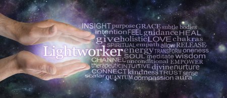 Words associated with being a Healing Light worker - male parallel hands beside a LIGHTWORKER word cloud  against a dark night cosmic background