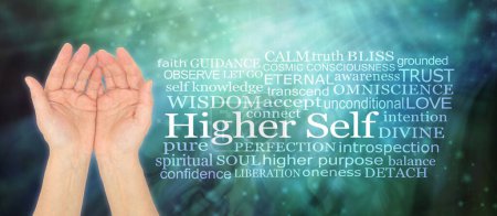 Words associated with healing and the Higher Self - female cupped hands beside a HIGHER SELF word cloud against a radiating emerald green sparkling  background