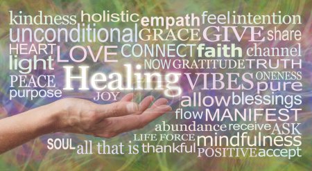Photo for Healing begins when we allow it and let go - female open palm hand with the word HEALING floating above surrounded by a relevant word cloud on a rustic multicoloured background - Royalty Free Image