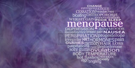 Words associated with the menopause circular word cloud - wispy flowing purple ethereal  background with copy space and a circle of words depicting symptoms of the menopause