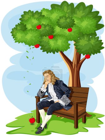 Illustration for Sir Isaac Newton and discovery of gravitation theory apple falling from the tree - Royalty Free Image