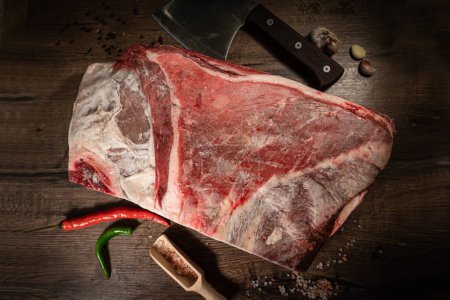 Photo for Organic machete or hanger butcher steak, near butcher knife with pink pepper and rosemary. Black background. Top view. side view - Royalty Free Image
