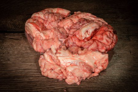 Téléchargez les photos : Cerveau rose cru avant de cuisiner sur une table en bois. Cerveau frais cru d'un mammifère, d'une vache. Viande crue. Du cran. Espace de copie - en image libre de droit
