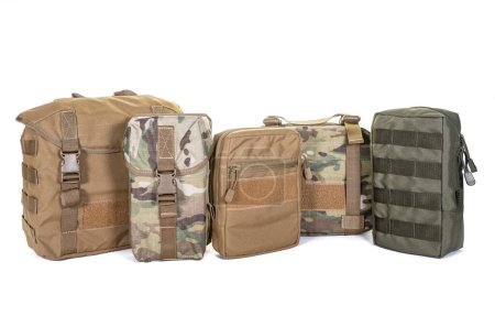 Photo for Set of travel tactical khaki backpack on white background. Military equipment. Camouflage coyote color - Royalty Free Image