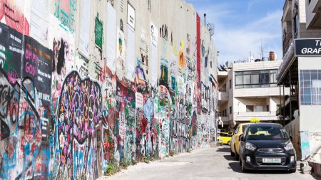 Photo for BETHLEHEM, ISRAEL - CIRCA MAY 2018: The Israeli West Bank barrier or wall circa May 2018 in  Bethlehem. - Royalty Free Image