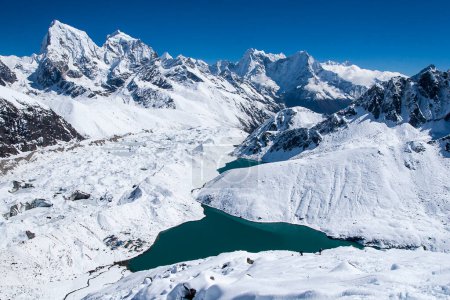 view of Cho Oyu and the village of Gokyo circa October 2013 in Gokyo.
