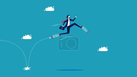 Ilustración de Crecer saltos y límites. hombre de negocios corriendo lejos con vector de primavera - Imagen libre de derechos