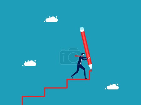 Illustration for Business development. businessman draws a ladder with a large pencil and walks up the stairs vector - Royalty Free Image