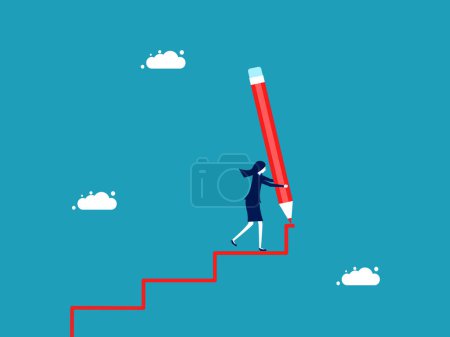 Illustration for Business development. businesswoman draws a ladder with a large pencil and walks up the stairs vector - Royalty Free Image