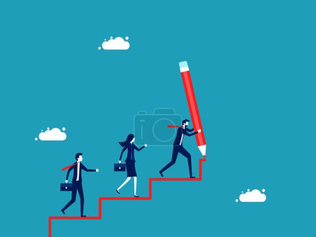 Líder de desarrollo empresarial. hombre de negocios dibuja una escalera con un lápiz grande y el equipo de trabajo sube por el vector escalera