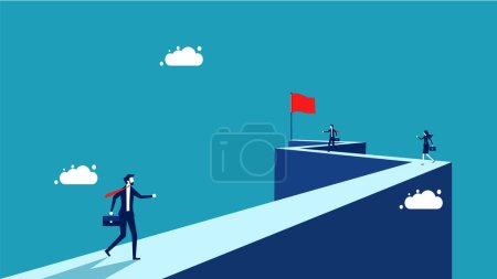 Ilustración de Competencia empresarial. Empresario siguiendo el camino hacia el vector de la bandera roja - Imagen libre de derechos