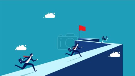 Ilustración de Competencia empresarial. Empresario corriendo el camino hacia el vector de la bandera roja - Imagen libre de derechos
