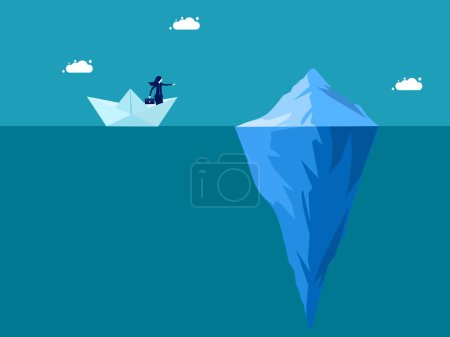 Geschäftsrisiken. Geschäftsfrau in Papierboot segelt in der Nähe von Eisberg-Vektor
