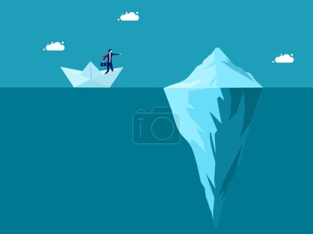 Geschäftsrisiken. Geschäftsmann in Papierboot segelt in der Nähe von Eisberg-Vektor