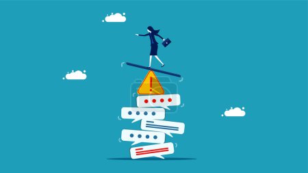 Illustration for Businesswoman balancing on piles of warning messages and warning exclamation marks vector - Royalty Free Image