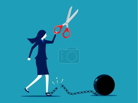 Businesswoman glad to be free from metal debt ball. financial freedom concept vector