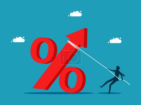 Lower interest rates. Businessman pulling down the percentage sign vector