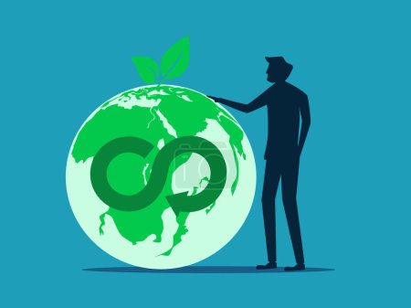 Téléchargez les illustrations : La durabilité et le concept des ressources renouvelables. Homme d'affaires debout avec l'icône de l'économie circulaire vecteur - en licence libre de droit