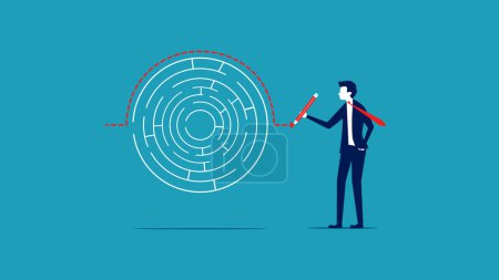 Solve business problems by crossing over problems. Avoidance of the route. Businessman drawing a line to solve a maze problem vector