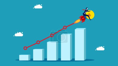 Ilustración de Profit or business grow. Progress or creative development concept. Businessman riding a light bulb rocket on a growth bar graph vector - Imagen libre de derechos