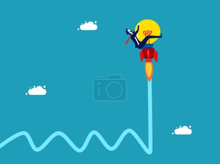 Ilustración de Creativity wins the crisis. Optimization for growth. Businessman riding a light bulb rocket through crisis or volatility vector - Imagen libre de derechos