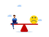 man working with laptop and sadness on the scales. Losing balance between work and negative emotions vector Poster #646598848