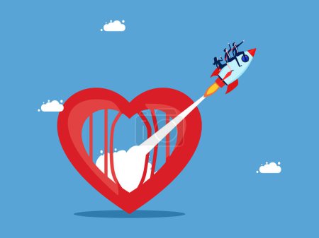 Illustration for Independent mind concept. Group of businessmen riding a rocket flying out of the heart vector - Royalty Free Image