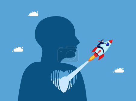 Illustration for Concept of independent mind and decisive decision. Businessman riding a rocket flying out of the heart vector - Royalty Free Image