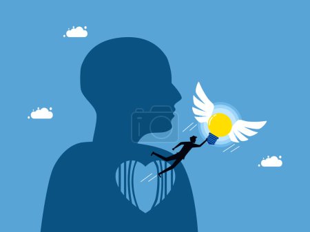Ilustración de Mente libre y descubrimiento del pensamiento. hombre volando con una bombilla que sale del vector del corazón - Imagen libre de derechos