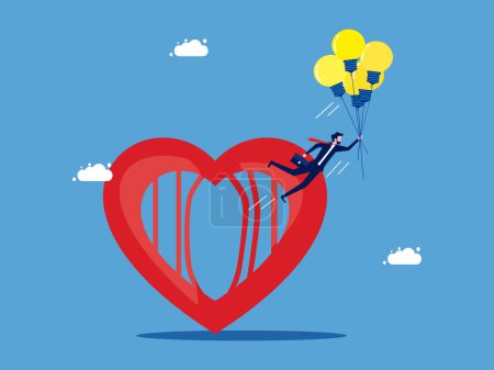 Illustration for Free mind because of creativity. Businessman floating with light bulb balloon coming out of heart. business concept vector - Royalty Free Image