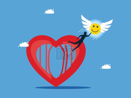 Illustration for Let your life be free and happy. Businessman floating with happiness out of the heart vector - Royalty Free Image