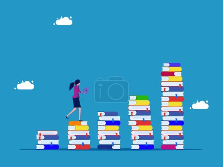Téléchargez les illustrations : L'avancement des connaissances. femme marche sur pile croissante de livres vecteur - en licence libre de droit