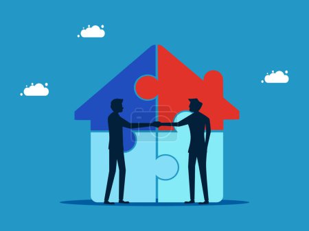 Illustration for Partnership investing in real estate or houses. Businessmen shaking hands to make a house deal vector - Royalty Free Image