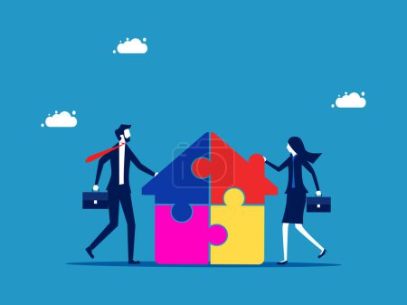 Illustration for Partners invest in real estate or houses. Businessmen helping to build a jigsaw puzzle house vector - Royalty Free Image