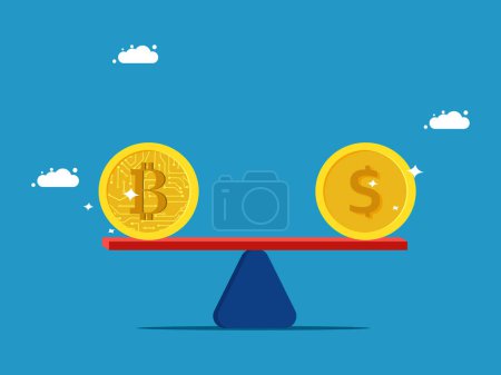 Illustration for Currency exchange rates. Digital coins and dollars on the scale vector - Royalty Free Image