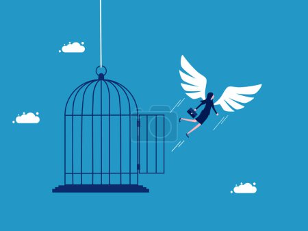 Téléchargez les illustrations : Libérée de la cage. femme d'affaires avec des ailes volant vecteur - en licence libre de droit