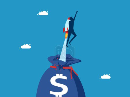 Ilustración de Innovación en inversión. Empresario volando con cohete fuera de vector bolsa de dinero - Imagen libre de derechos