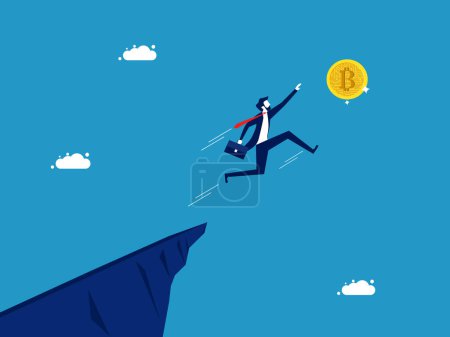Invest in digital coins. Businessman jumping to grab bitcoin vector
